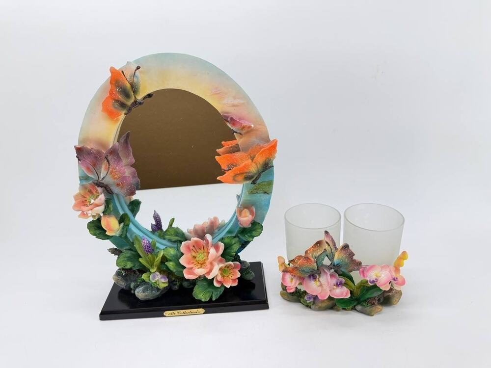 Ali Collections Butterfly Floral Table Mirror & Double Candle Holder Set 2.40 lb